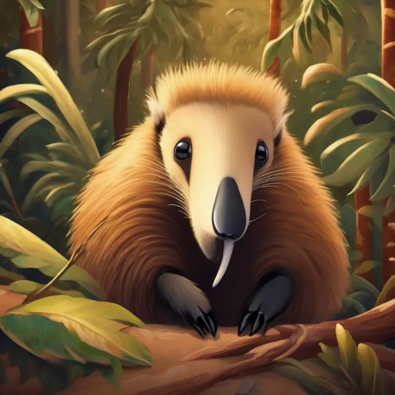 Friendly anteater, brown fur, small black eyes, adventurous spirit begins his ascent, ants show concern for his safety.