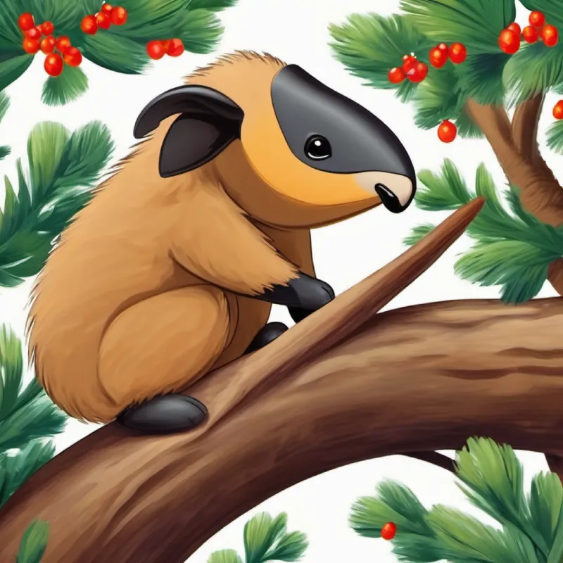 Friendly anteater, brown fur, small black eyes, adventurous spirit uses his skills to climb, demonstrating problem-solving.