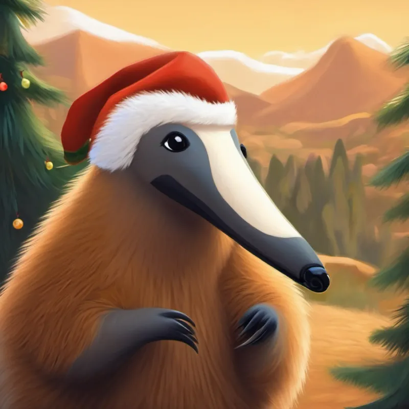 Friendly anteater, brown fur, small black eyes, adventurous spirit observes his progress, appreciating the view and perspective.