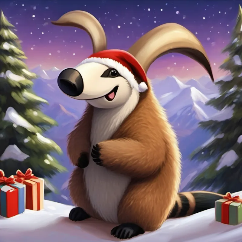 Friendly anteater, brown fur, small black eyes, adventurous spirit's success in reaching the top, a triumphant moment.