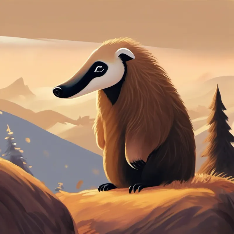 Friendly anteater, brown fur, small black eyes, adventurous spirit looks down from the hill, acknowledging his home and friends.