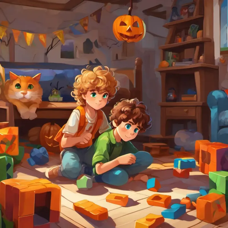 A young boy with brown hair and bright blue eyes, a young boy with brown hair and bright blue eyes, plays with colorful blocks in his room. He is joined by A girl with long brown hair and hazel eyes, a girl with long brown hair and hazel eyes, and A boy with curly blond hair and green eyes, a boy with curly blond hair and green eyes. They all wear casual clothes and are surrounded by toys.