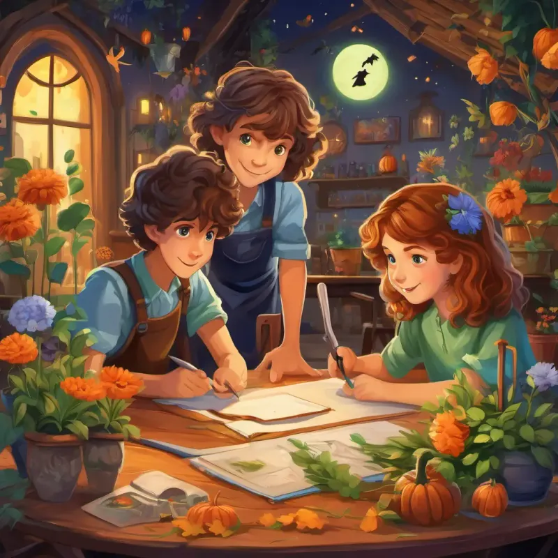 A young boy with brown hair and bright blue eyes, A girl with long brown hair and hazel eyes, and A boy with curly blond hair and green eyes sit together at a table, with drawings of flowers and gardens spread across it. They discuss their ideas with excitement, showing teamwork and collaboration. In the background, there are pictures of colorful flowers and gardening tools.