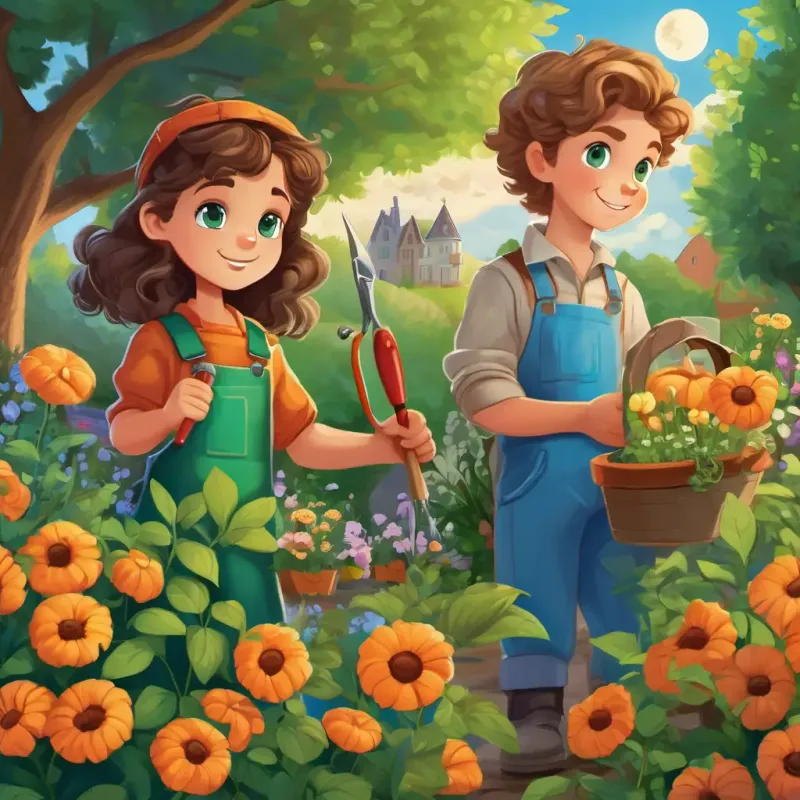 A young boy with brown hair and bright blue eyes, A girl with long brown hair and hazel eyes, and A boy with curly blond hair and green eyes are outside, wearing gardening gloves and holding tools. A young boy with brown hair and bright blue eyes holds a blueprint, A girl with long brown hair and hazel eyes paints a sign, and A boy with curly blond hair and green eyes plants flowers in the garden. The garden is filled with blooming flowers, and there's a sign that says 'Green Thumb Gardens' with vibrant colors.
