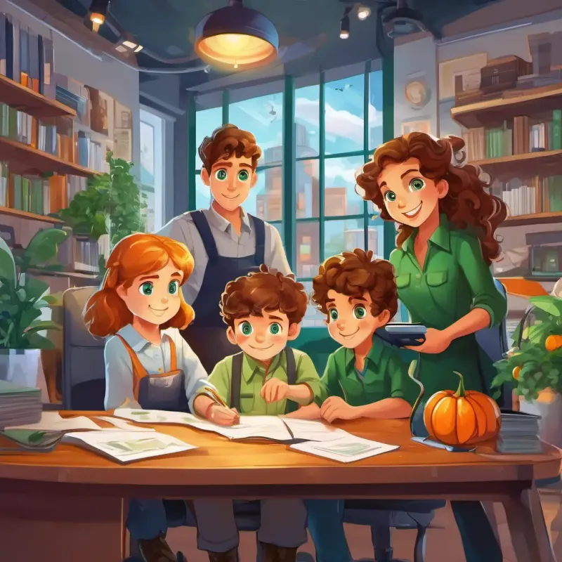 A young boy with brown hair and bright blue eyes, A girl with long brown hair and hazel eyes, A boy with curly blond hair and green eyes, and their team of workers are shown in a bustling office. They are all working together, discussing plans and organizing schedules. The office is bright and filled with plants. A young boy with brown hair and bright blue eyes, A girl with long brown hair and hazel eyes, and A boy with curly blond hair and green eyes have big smiles on their faces, as do their employees.