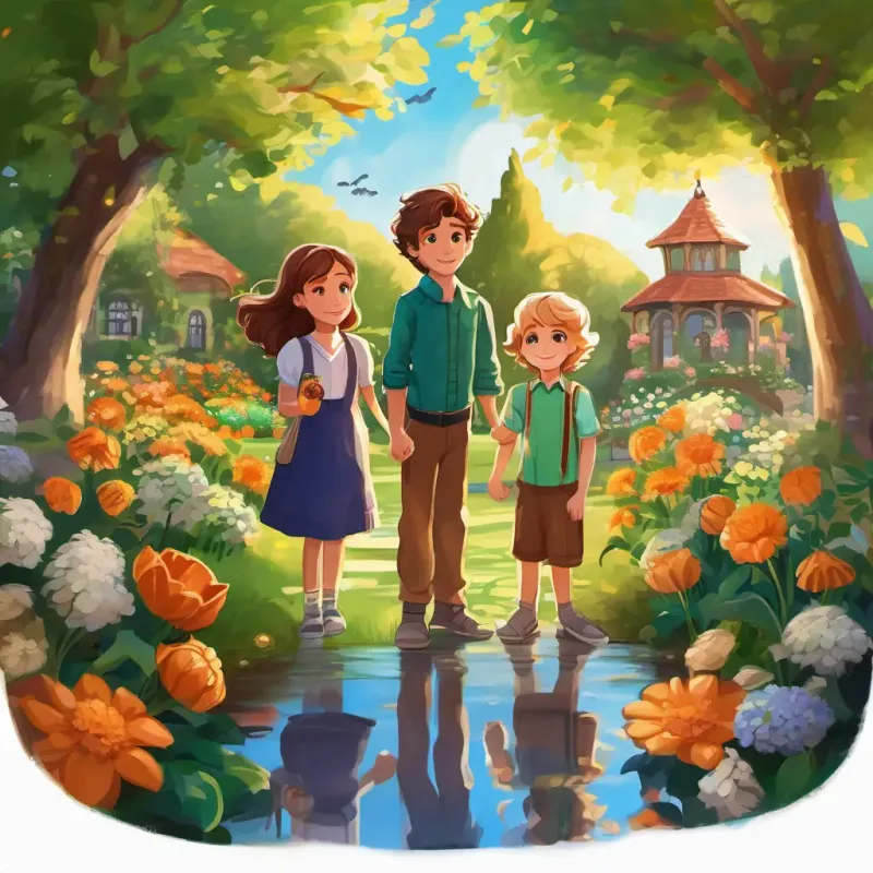 A young boy with brown hair and bright blue eyes, A girl with long brown hair and hazel eyes, and A boy with curly blond hair and green eyes stand in front of a magnificent garden they created. The garden is filled with blooming flowers, trees, and a small pond. They hold hands and smile, proud of their achievements. The sun shines brightly, highlighting the beauty they created together.
