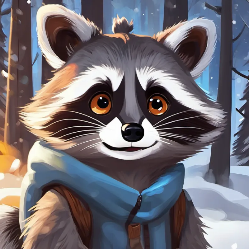 Story introduction, Sunlit Forest, main character Raccoon with gray fur and curious brown eyes is happy.