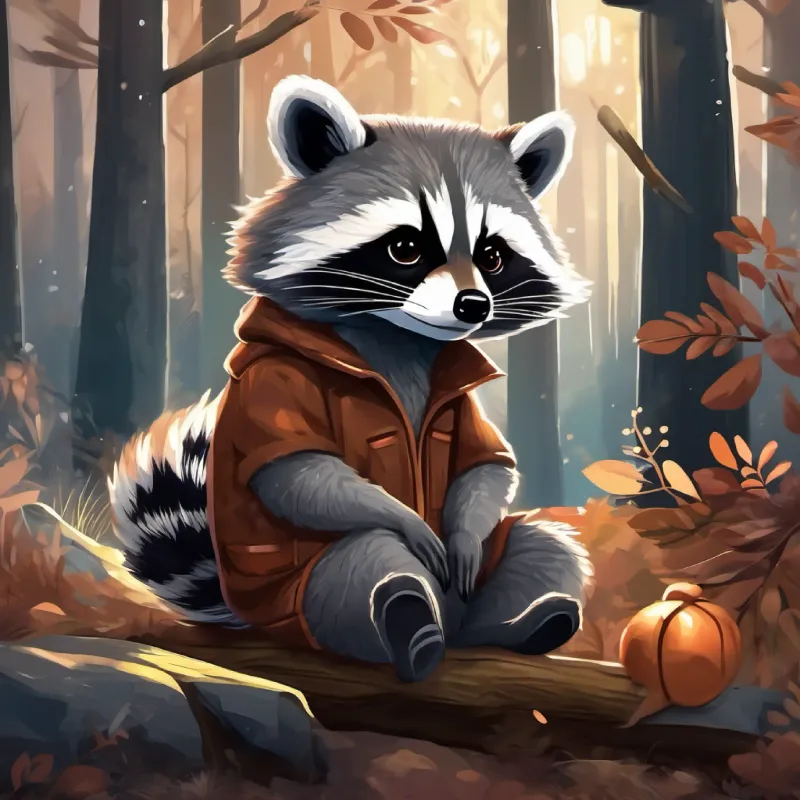 Raccoon with gray fur and curious brown eyes's activities, forest setting, presence of animal friends.