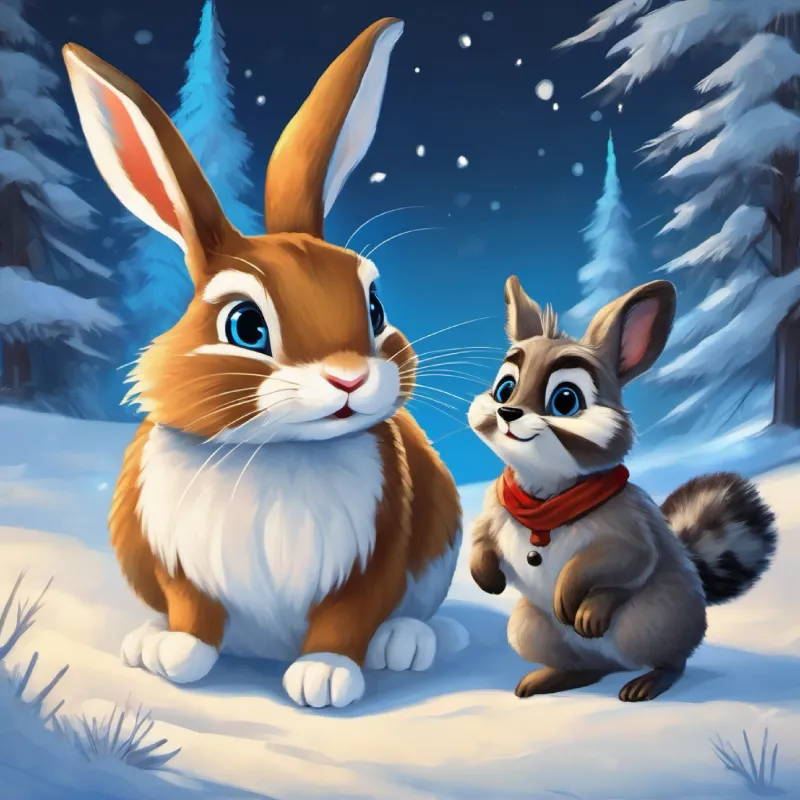 Rabbit with soft white fur and bright blue eyes's reaction to Raccoon with gray fur and curious brown eyes's claim, feels disadvantaged.