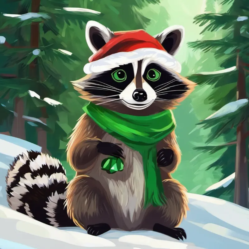 Wise raccoon with deep brown fur and caring green eyes intervenes, brings together the animal friends.
