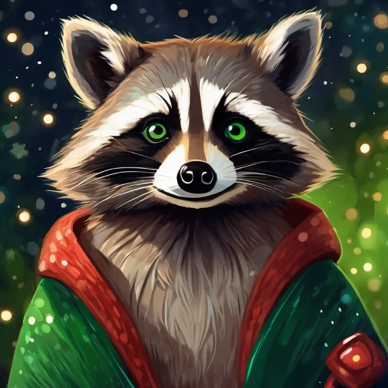 Wise raccoon with deep brown fur and caring green eyes's wisdom, teaching an important life lesson.