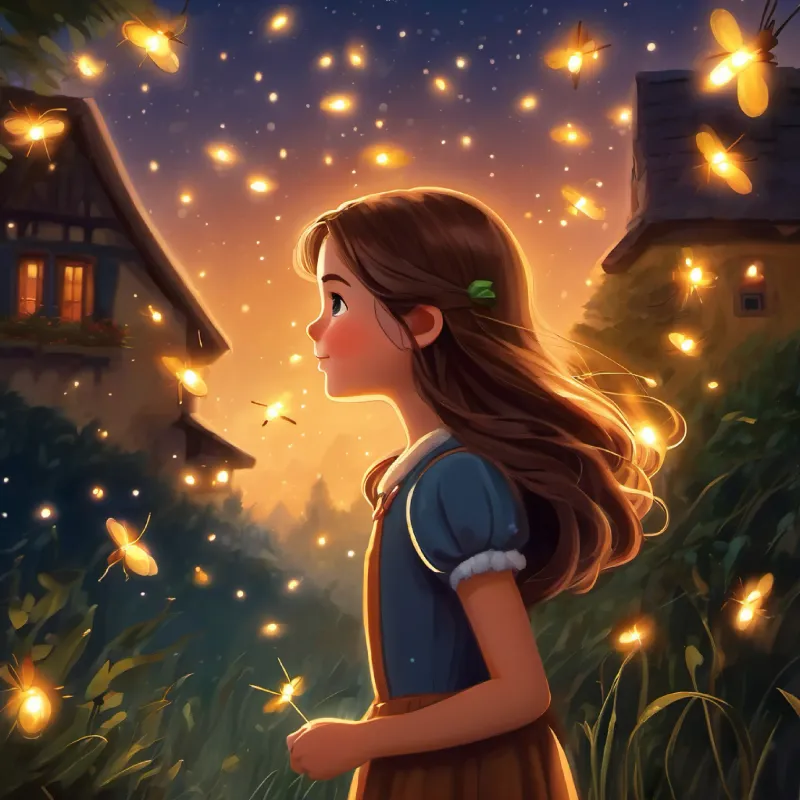 Brave girl, long brown hair, brown eyes, wears a simple dress sees the fireflies glow brighter toward her village.