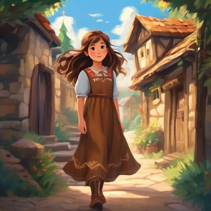 Brave girl, long brown hair, brown eyes, wears a simple dress successfully returns to her village.