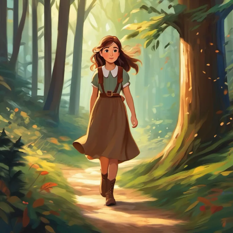 Brave girl, long brown hair, brown eyes, wears a simple dress begins her adventure to the forest.