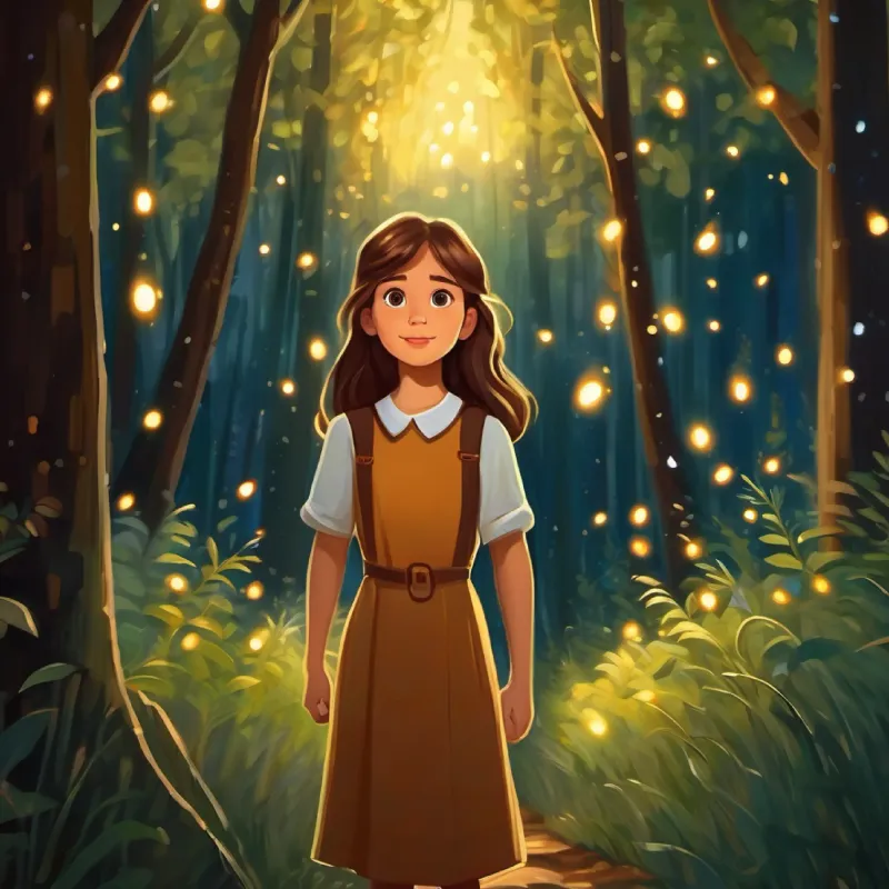 Brave girl, long brown hair, brown eyes, wears a simple dress enters the forest and observes fireflies.