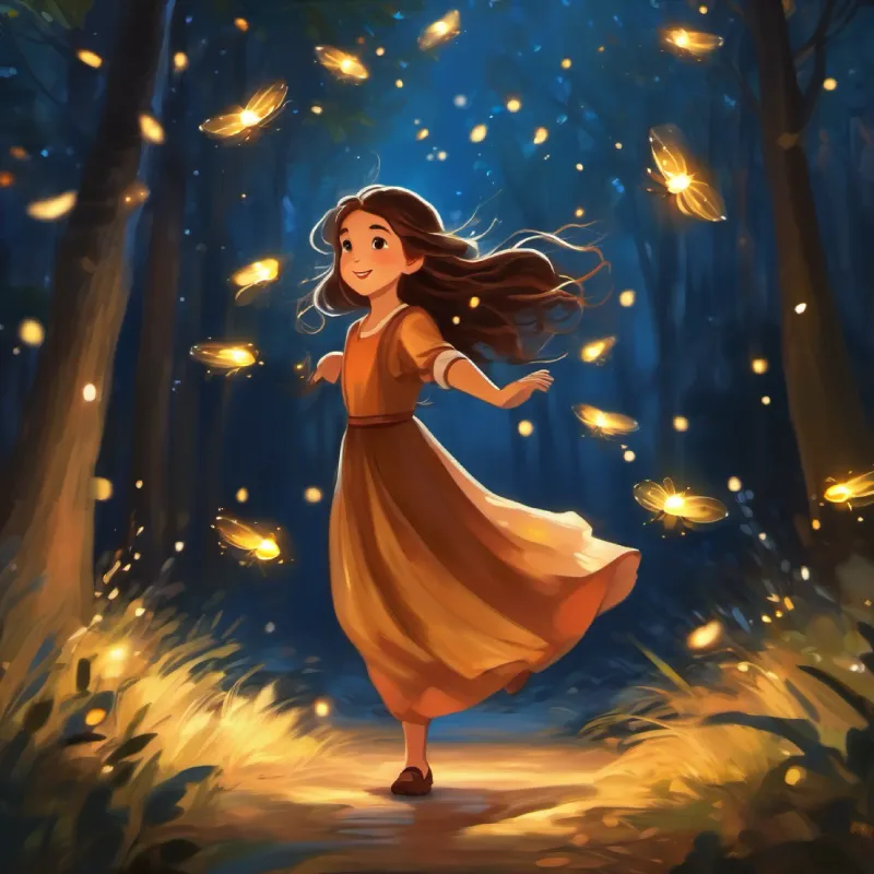 Fireflies dance around Brave girl, long brown hair, brown eyes, wears a simple dress, enticing her further.