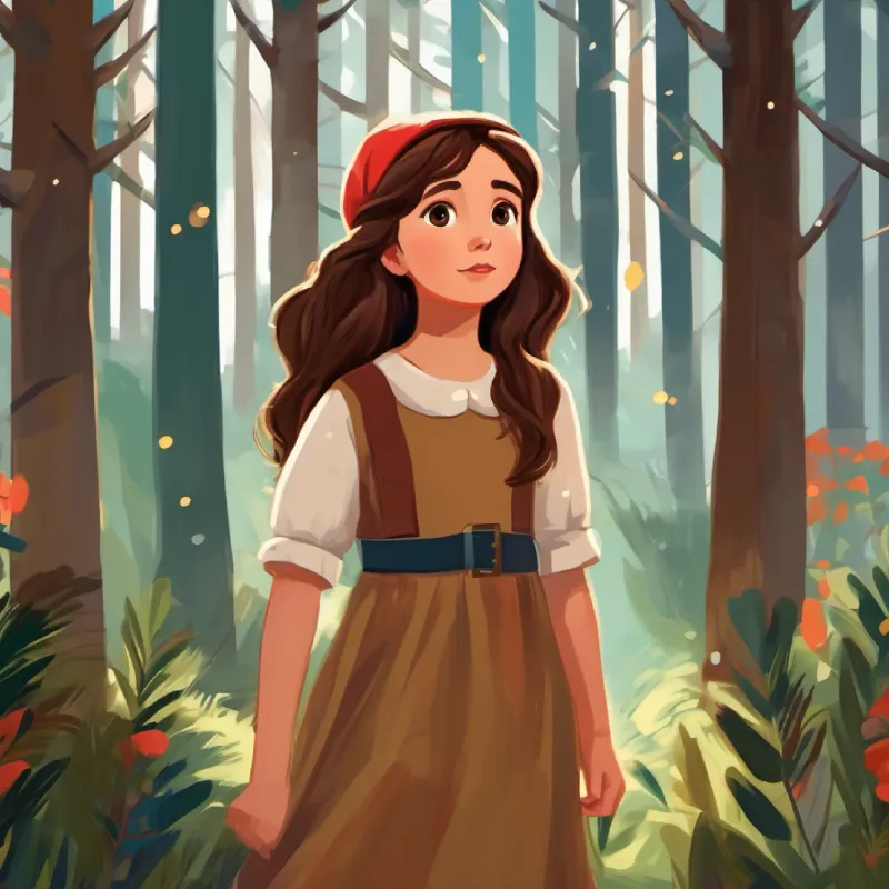 Brave girl, long brown hair, brown eyes, wears a simple dress notices she's lost in the forest.