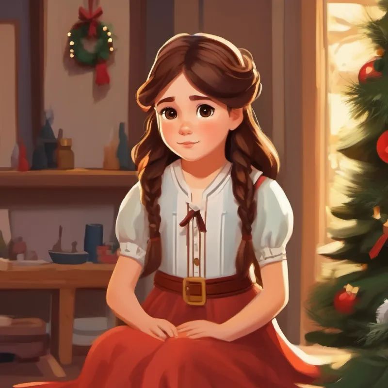 Brave girl, long brown hair, brown eyes, wears a simple dress remembers her mother's advice to remain calm.