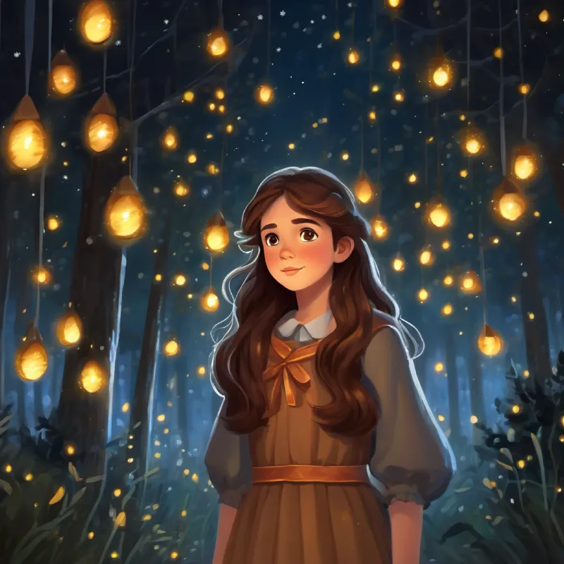 Brave girl, long brown hair, brown eyes, wears a simple dress follows the fireflies, hoping they'll guide her.