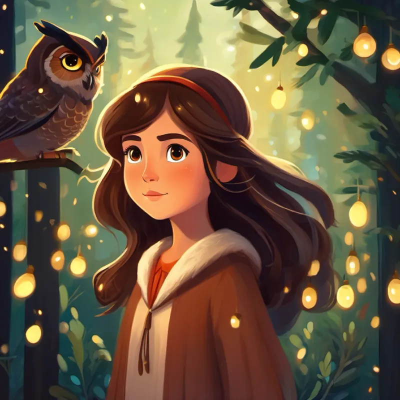 Fireflies lead Brave girl, long brown hair, brown eyes, wears a simple dress to a wise owl.