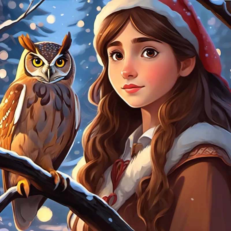 The owl gives Brave girl, long brown hair, brown eyes, wears a simple dress advice on finding her way.