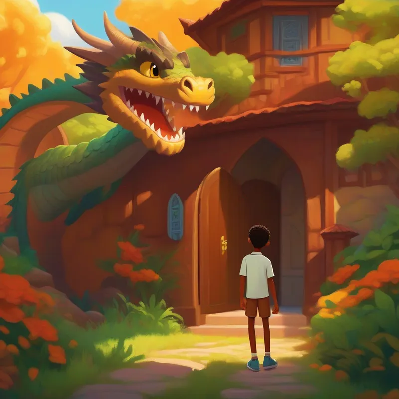 The dragon lands near An 11-year-old brown-skinned boy with a friendly smile.'s house and promises to be his friend.