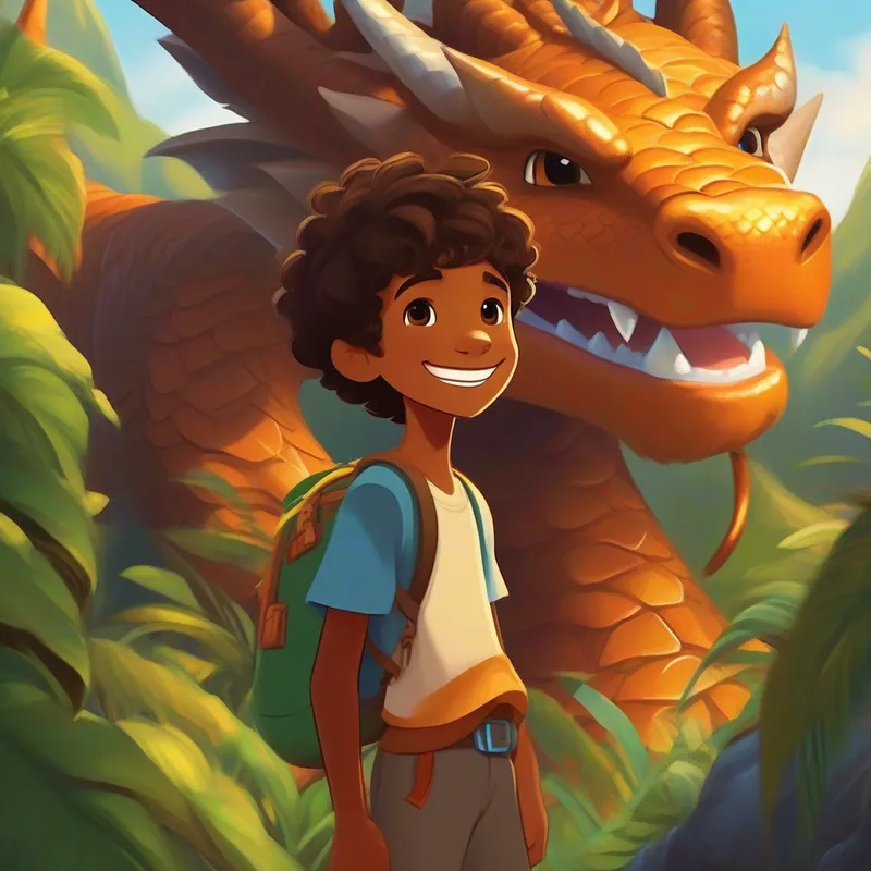 An 11-year-old brown-skinned boy with a friendly smile. and the dragon become best friends and continue their adventures.