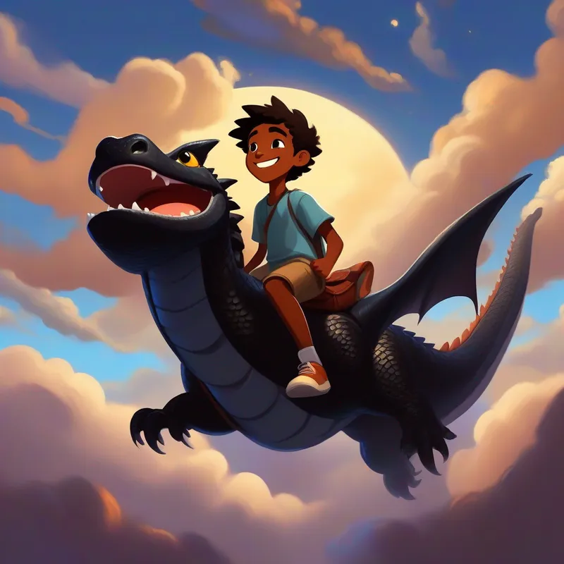 An 11-year-old brown-skinned boy with a friendly smile on top the black dragon flying together in the sky, feeling free and excited.