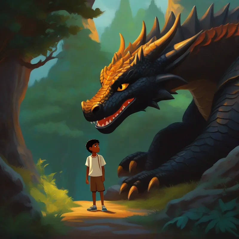 An 11-year-old brown-skinned boy tells the dragon about his injury, and the black dragon offers to help.