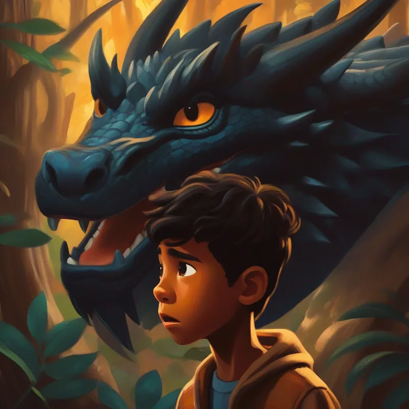 An 11-year-old brown-skinned boy is scared of the black dragon but notices kindness in its eyes.