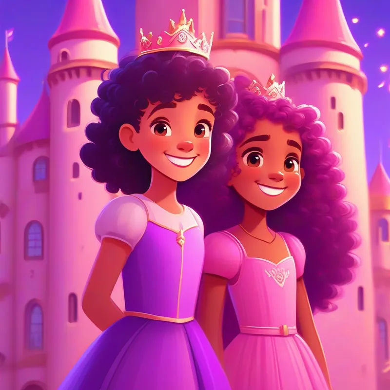 Curly-haired girl with a pink dress and a big smile and Straight-haired girl with a purple dress and a sparkly crown in front of a big castle
