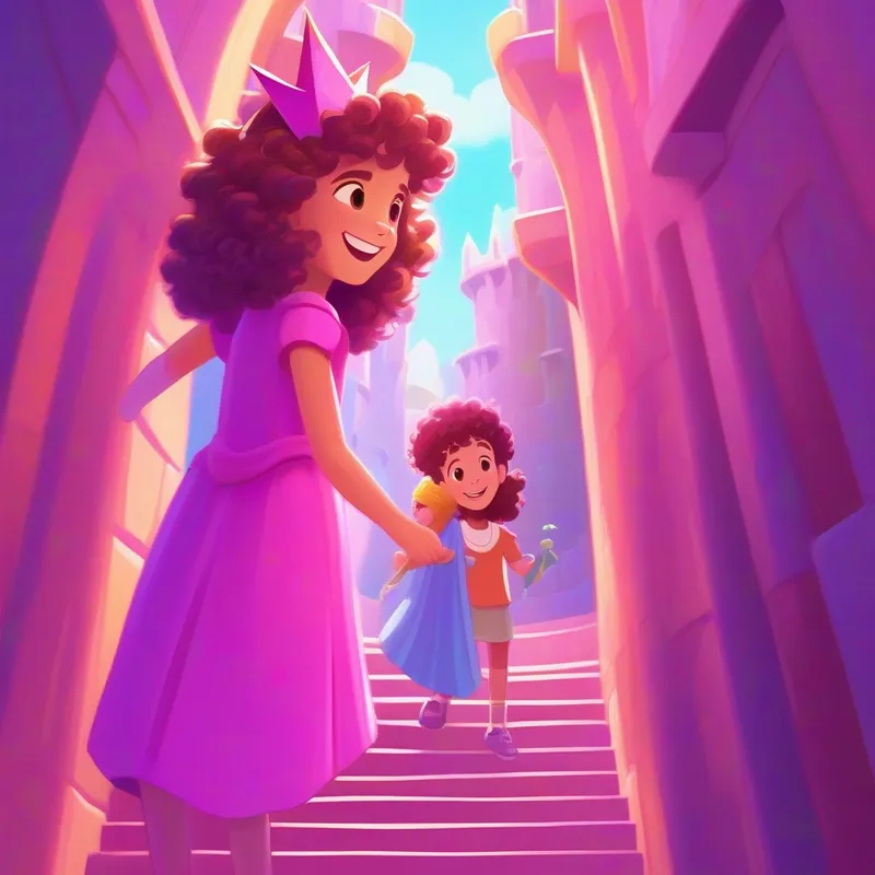 Curly-haired girl with a pink dress and a big smile and Straight-haired girl with a purple dress and a sparkly crown climbing towers and finding secret passages