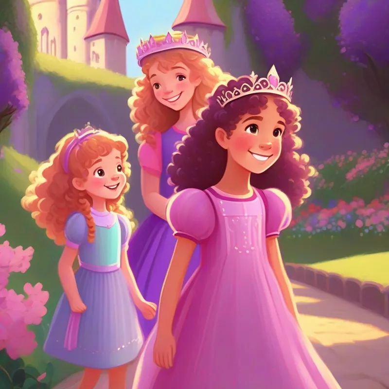 Curly-haired girl with a pink dress and a big smile, Straight-haired girl with a purple dress and a sparkly crown, and their parents in the castle garden