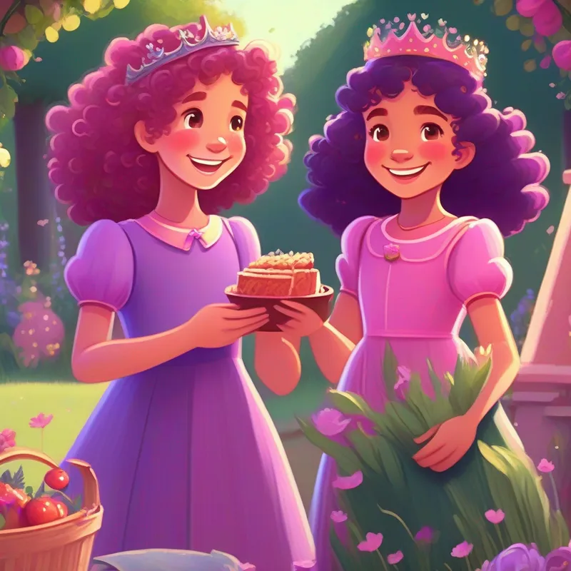 Curly-haired girl with a pink dress and a big smile and Straight-haired girl with a purple dress and a sparkly crown setting up a picnic in the garden