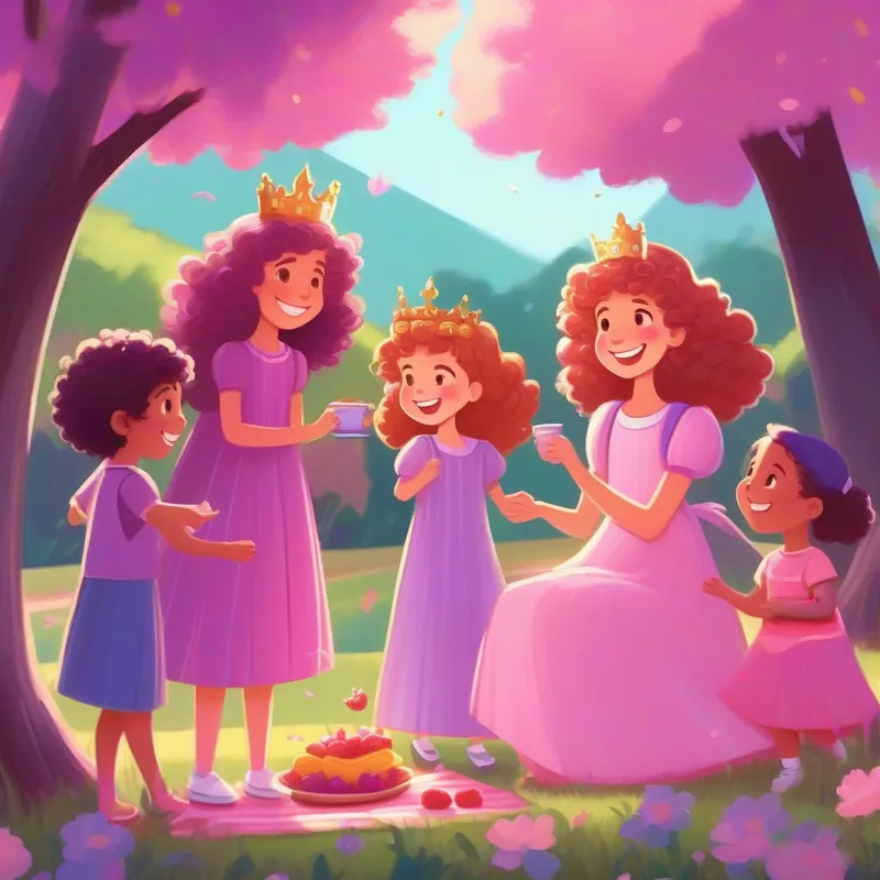 Curly-haired girl with a pink dress and a big smile, Straight-haired girl with a purple dress and a sparkly crown, and their parents having a picnic together