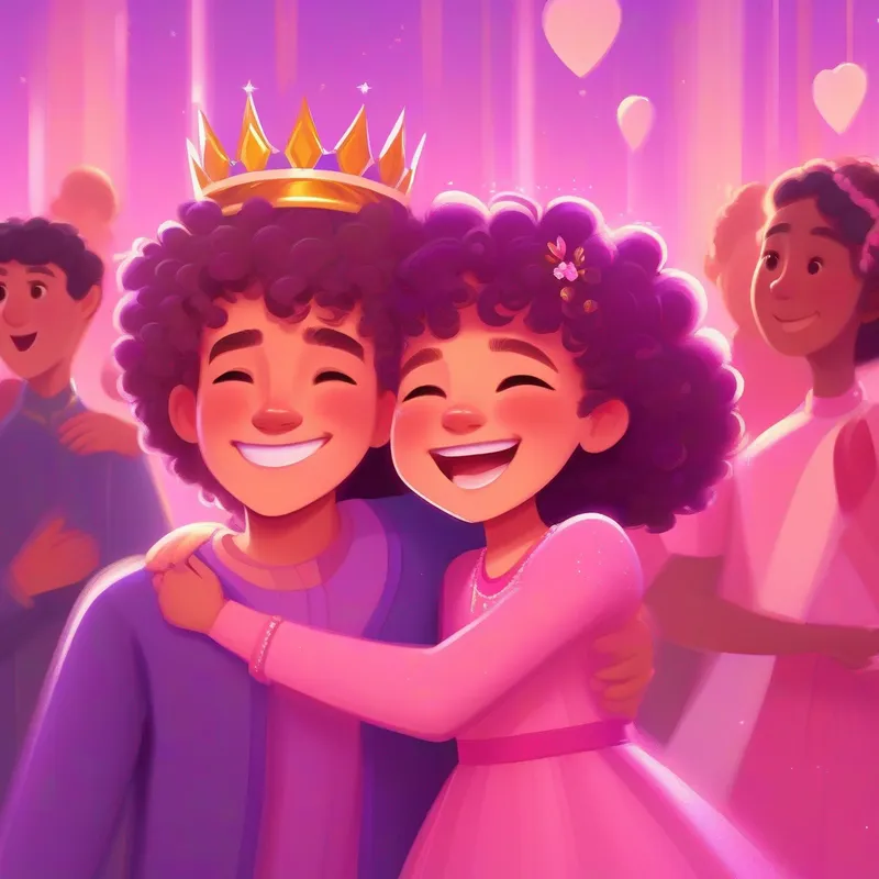 Curly-haired girl with a pink dress and a big smile and Straight-haired girl with a purple dress and a sparkly crown smiling and hugging their parents