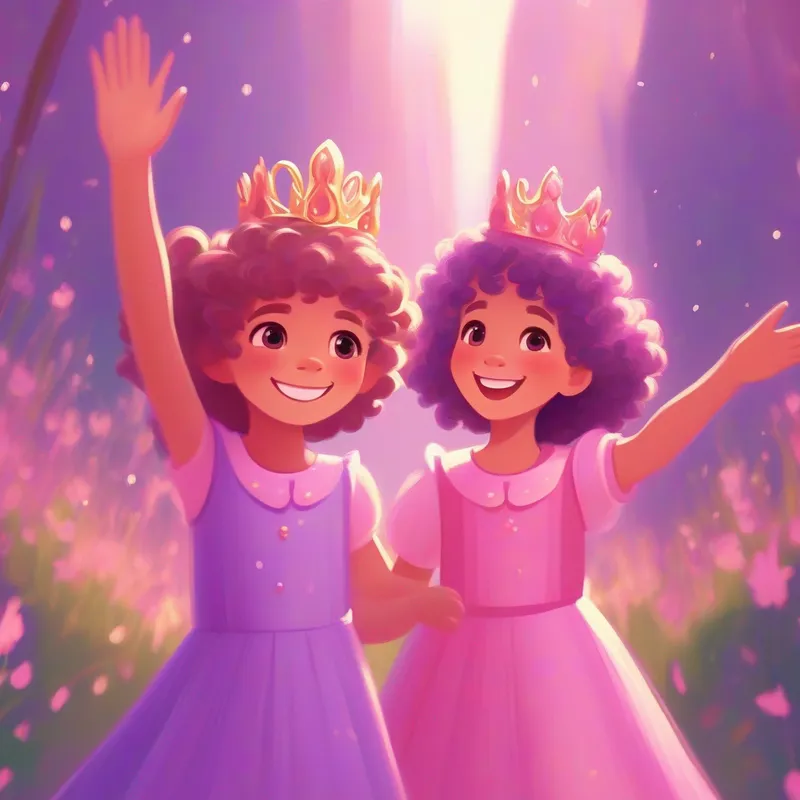 Curly-haired girl with a pink dress and a big smile and Straight-haired girl with a purple dress and a sparkly crown waving goodbye