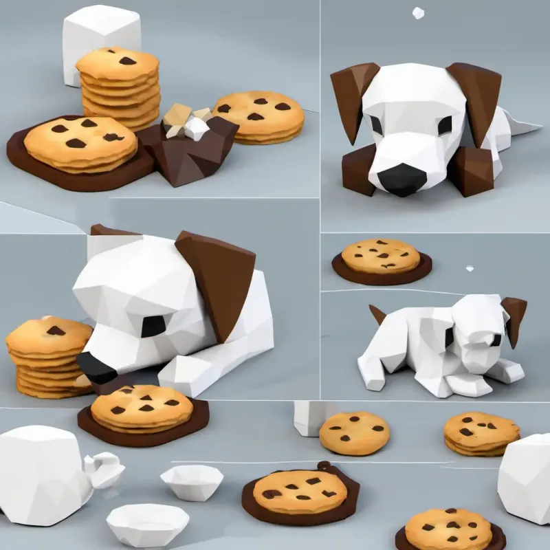 Before falling asleep, Briosc enjoys a plate of yummy cookies. The visual description shows Briosc wagging his tail in delight while eating the cookies.