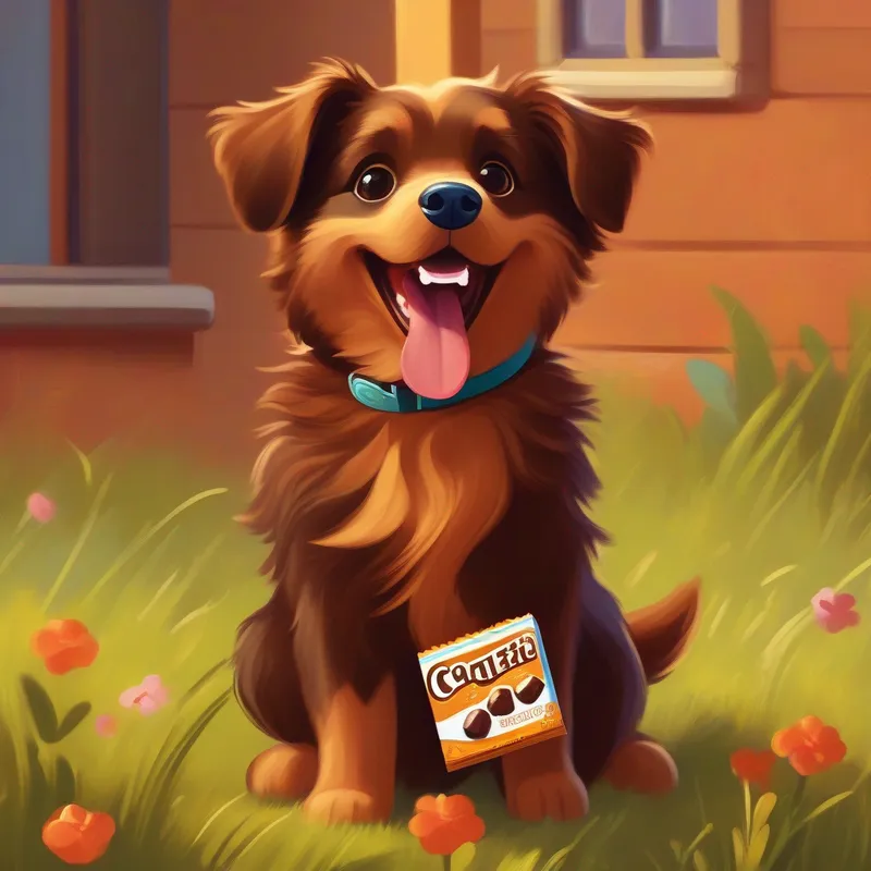 A playful and mischievous dog, brown fur with a wagging tail with a mischievous smile, holding a chocolate bar