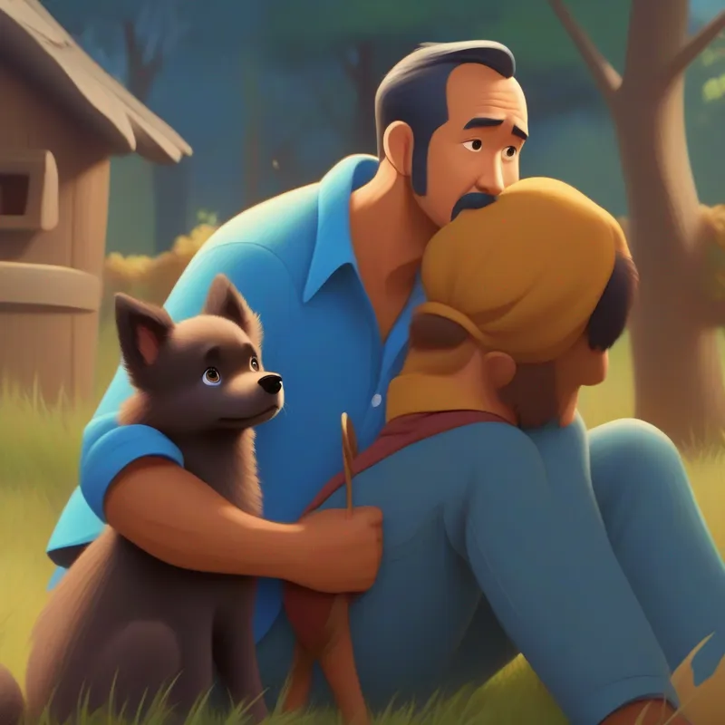 Kulolo's loving and caring dad, wearing a blue shirt with a worried face searching for A playful and mischievous dog, brown fur with a wagging tail
