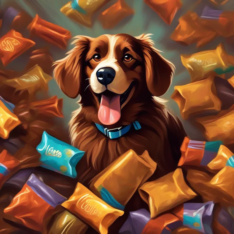 A playful and mischievous dog, brown fur with a wagging tail looking guilty with a pile of chocolate wrappers