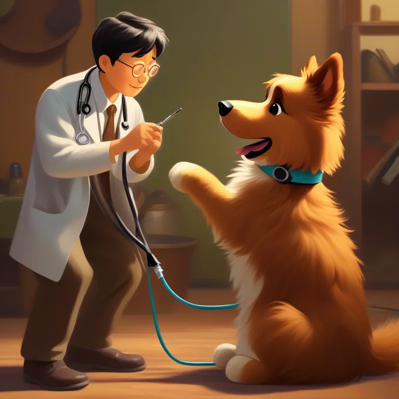 Dr. Hwang with a stethoscope, examining A playful and mischievous dog, brown fur with a wagging tail