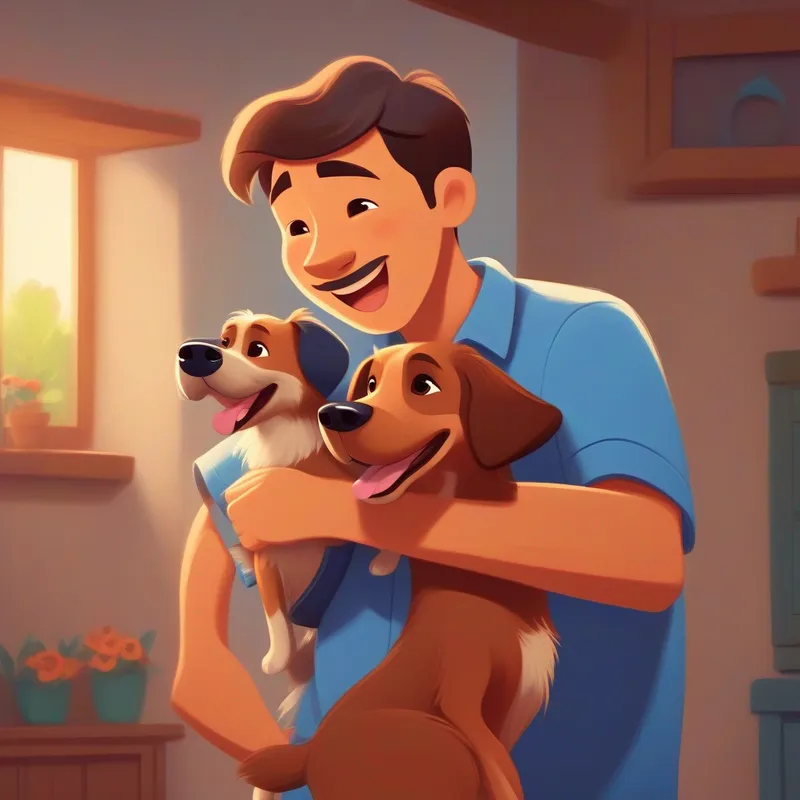 A playful and mischievous dog, brown fur with a wagging tail smiling with Kulolo's loving and caring dad, wearing a blue shirt hugging him