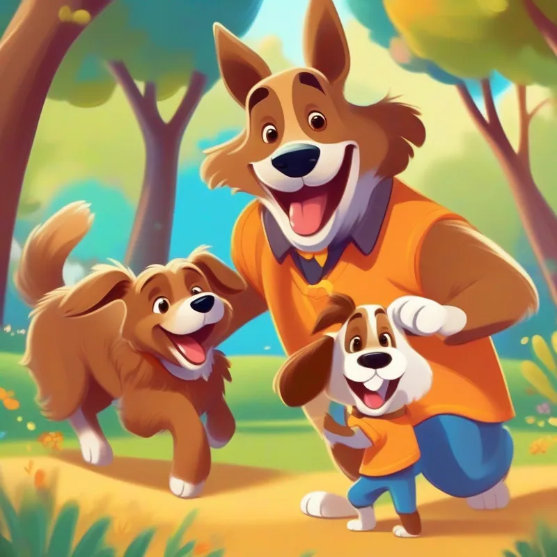 A playful and mischievous dog, brown fur with a wagging tail and Kulolo's loving and caring dad, wearing a blue shirt happily playing together in a colorful park