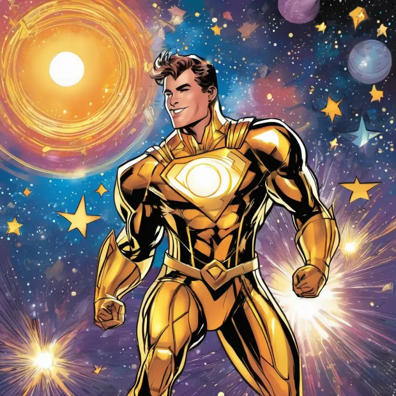 Introducing the cosmic setting and the hero, Shimmering suit, radiant smile, eyes like twinkling stars.