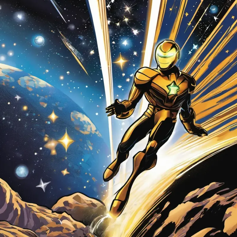 Shimmering suit, radiant smile, eyes like twinkling stars starts his journey to the comet.