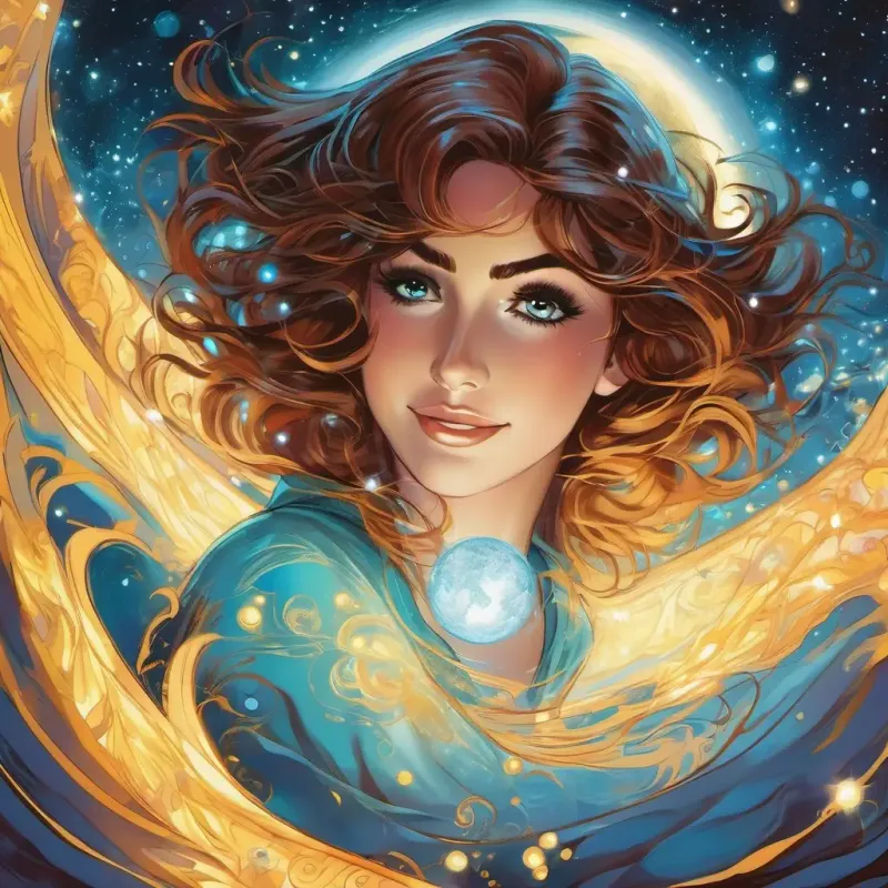 Glowing, ethereal presence, eyes like moonlit pools becomes Shimmering suit, radiant smile, eyes like twinkling stars's companion.