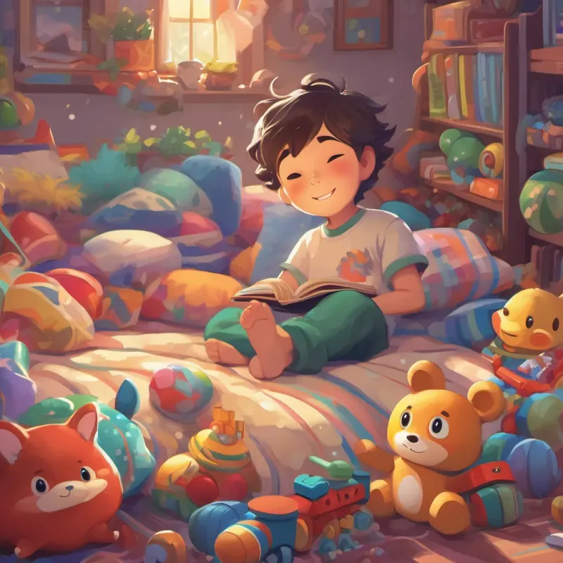 A sleepy boy, A sleepy boy with tousled hair, wearing comfortable pajamas, a mischievous smile, surrounded by colorful toys, lounging on a big, cozy bed with a mischievous smile and colorful toys scattered around.