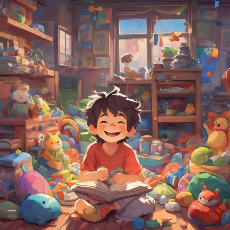 A sleepy boy with tousled hair, wearing comfortable pajamas, a mischievous smile, surrounded by colorful toys dreaming with his mouth open, and a towering stack of undone chores teetering beside him like a skyscraper.