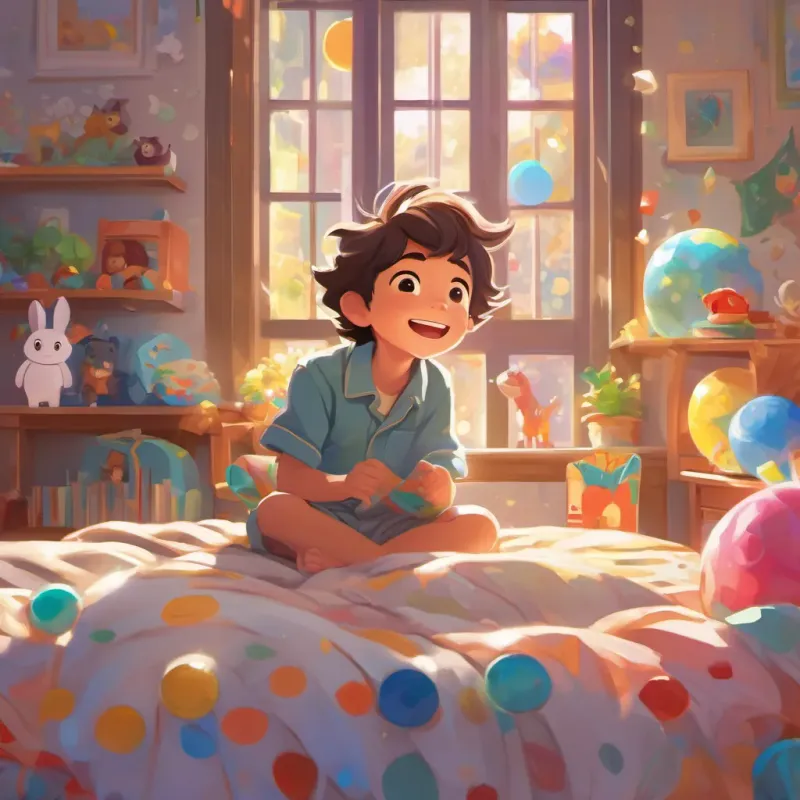 A sleepy boy with tousled hair, wearing comfortable pajamas, a mischievous smile, surrounded by colorful toys energetically jumping out of bed, a renewed sparkle in his eyes, with sunlight streaming through the window.